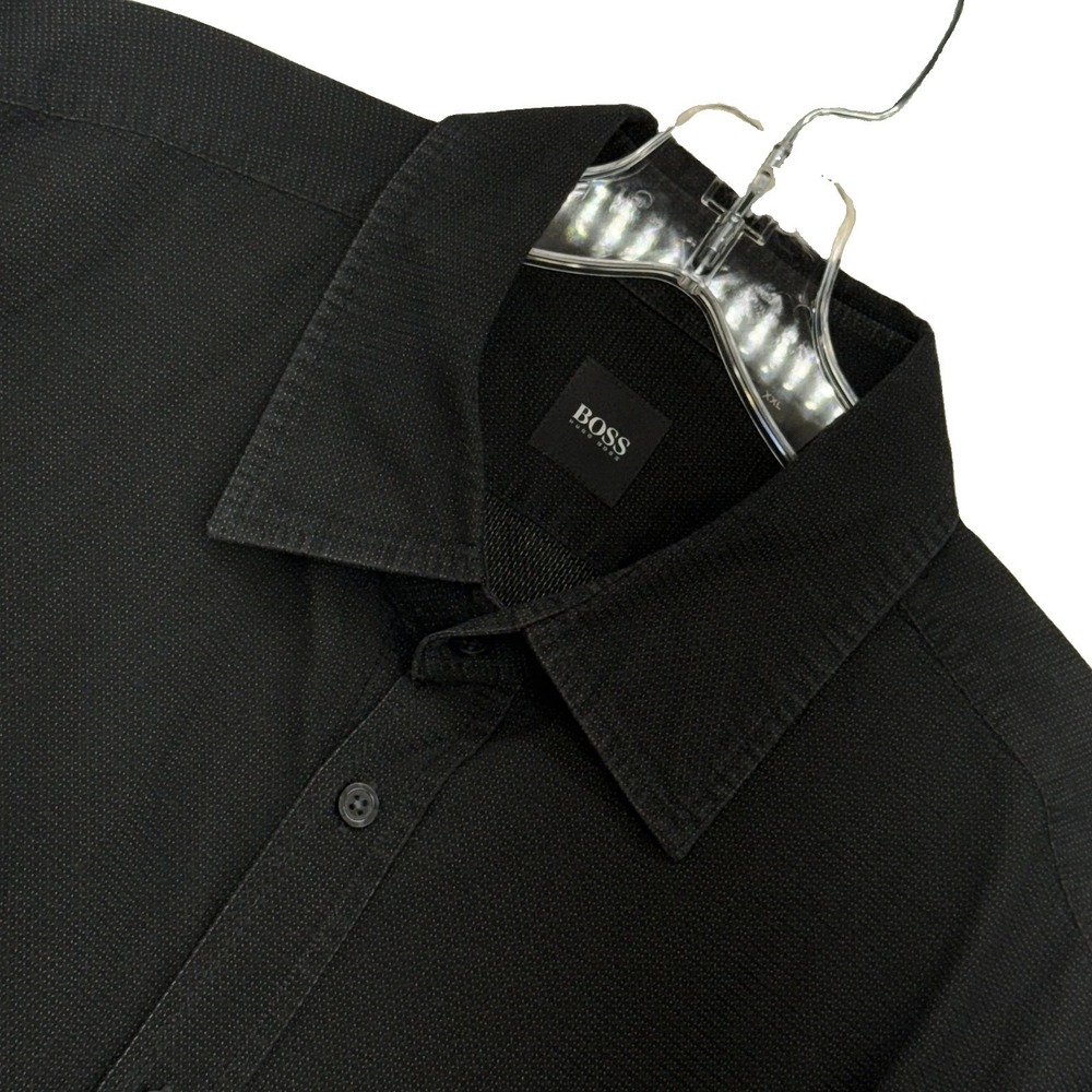 Hugo Boss Dress Shirt Mens XXL Navy Black Textured Cotton Long Sleeve Slim Fit